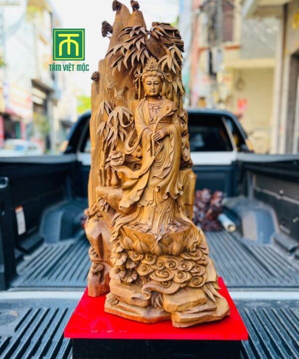 Tượng quan âm đứng đài sen gỗ ngọc am cao 1m ngang 45 sâu 40