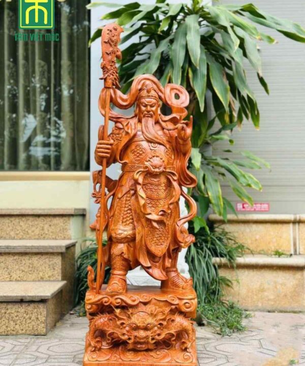 Tượng Quan Vân Trường chống đao gỗ hương đá cao 100 ngang 38 sâu 26