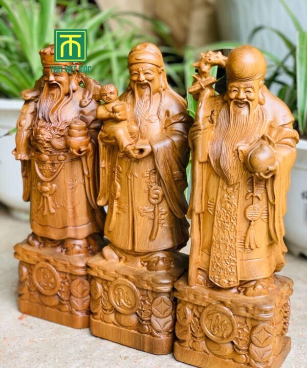 Tượng tam đa khắc chữ phúc lộc thọ gỗ bách xanh cao 32 ngang 9 sâu 7