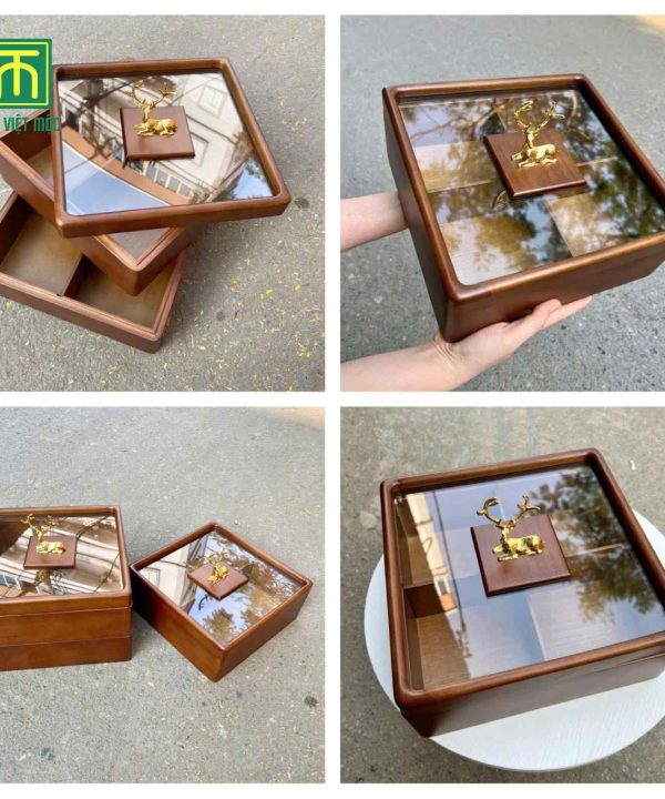 Khay đựng bánh kẹo tết xoay thông minh gỗ trắc nắp kính