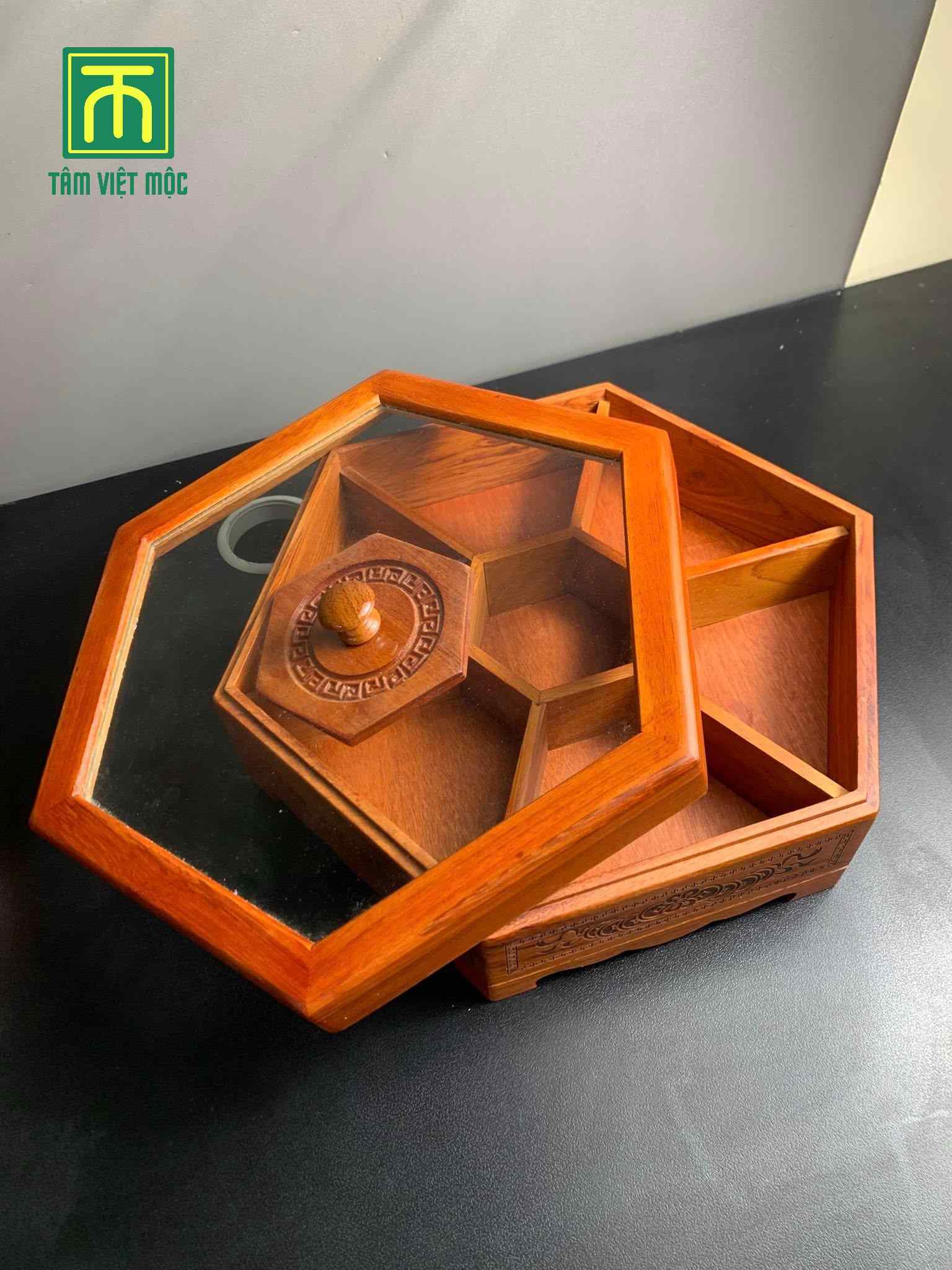 Mẫu khay đựng bánh kéo gỗ hương kết hợp nắp kính