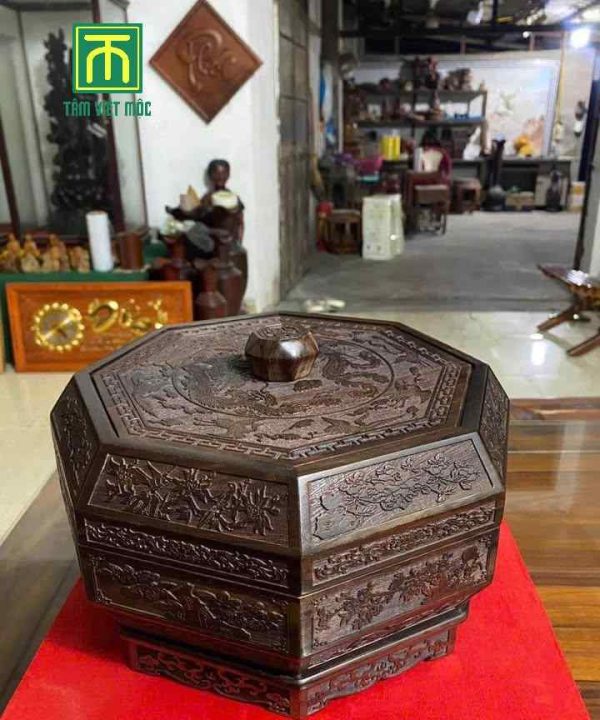 Khay đựng bánh kẹo gỗ trắc hình lục giác đường kính 25 cao 17 1