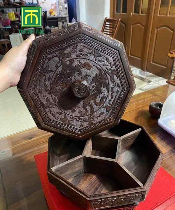 Khay đựng bánh kẹo gỗ trắc hình lục giác đường kính 25 cao 17 2