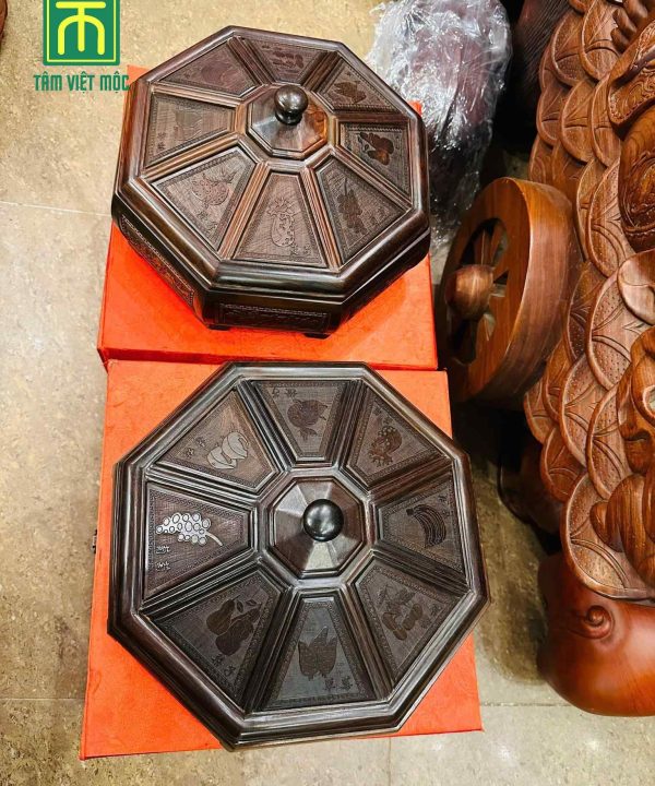 Khay đựng bánh kẹo tết 5 ngăn gỗ trắc đường kính 37 cao 20