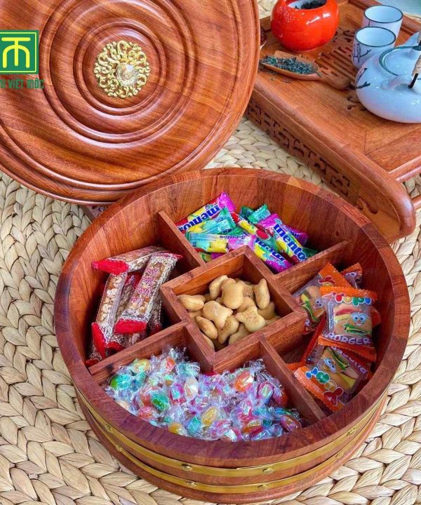 Khay đựng bánh kẹo hình tròn gỗ hương đường đính 30 cao 14