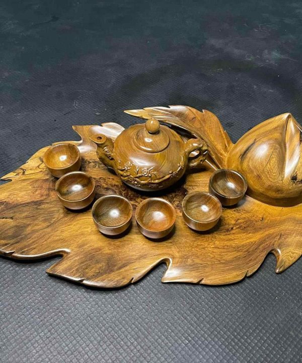 Khay trà đào trường thọ gỗ cẩm vàng dài 50 rộng 35 dày 3