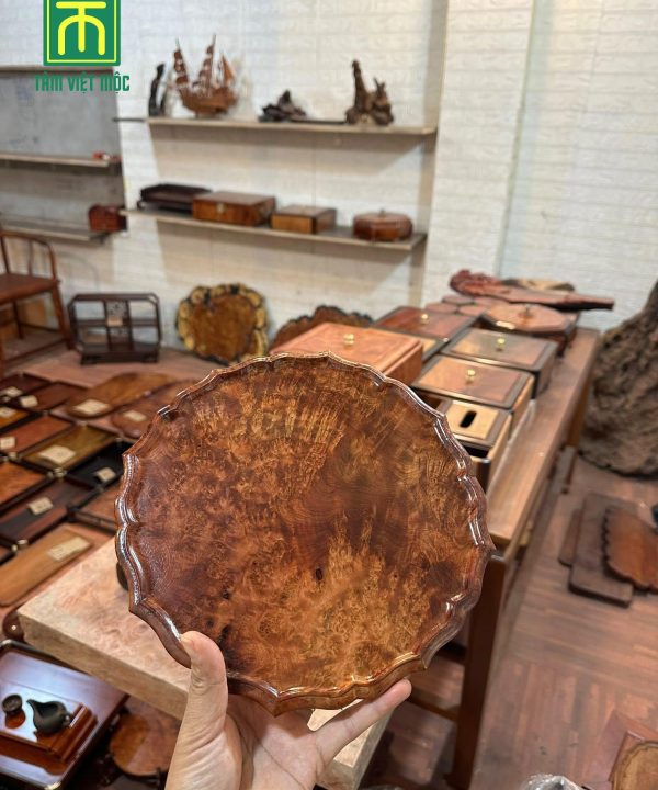 Khay trà gỗ nu sưa hình tròn đường kính 33