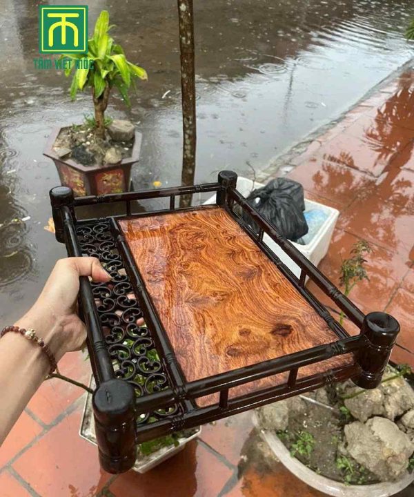 Khay trà trúc khung trắc ván gỗ sưa dài 40 rộng 20 dày 3